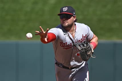 Sep 8, 2022; St. Louis, Missouri, USA;  Washington Nationals first baseman Luke Voit (34) flips to first base after fielding a ground ball against the St. Louis Cardinals during the fifth inning at Busch Stadium. Mandatory Credit: Jeff Curry-USA TODAY Sports
