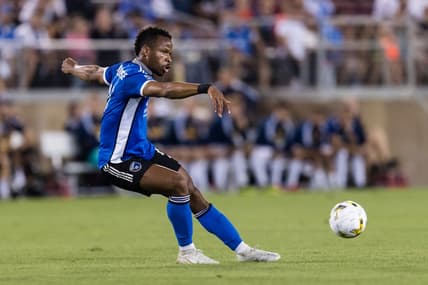 Sep 24, 2022; Stanford, California, USA; San Jose Earthquakes forward Jeremy Ebobisse (11) passes against the Los Angeles Galaxy during the first half at Stanford Stadium. Mandatory Credit: John Hefti-USA TODAY Sports