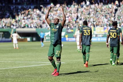 Oct 2, 2022; Portland, Oregon, USA; Portland Timbers forward Dairon Asprilla (27) celebrates after scoring a goal during the second half against the LAFC at Providence Park. Mandatory Credit: Soobum Im-USA TODAY Sports