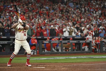 Oct 8, 2022; St. Louis, Missouri, USA; St. Louis Cardinals designated hitter Albert Pujols (5) awaits a pitch in the eighth inning against the Philadelphia Phillies during game two of the Wild Card series for the 2022 MLB Playoffs at Busch Stadium. Mandatory Credit: Jeff Curry-USA TODAY Sports