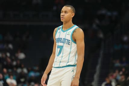Oct 10, 2022; Charlotte, North Carolina, USA; Charlotte Hornets guard Bryce McGowens (7) enters the game during the second quarter against the Washington Wizards at Spectrum Center. Mandatory Credit: Jim Dedmon-USA TODAY Sports