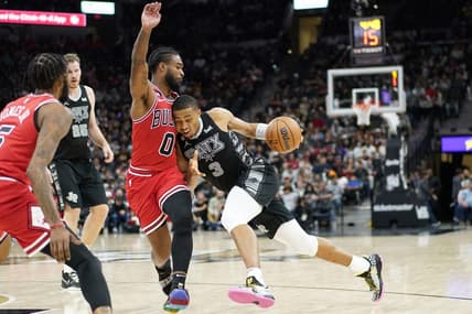 Oct 28, 2022; San Antonio, Texas, USA; San Antonio Spurs forward Keldon Johnson (3) drives to the basket against the Chicago Bulls guard Coby White (00) during the second half at AT&T Center. Mandatory Credit: Scott Wachter-USA TODAY Sports