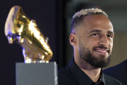 Nov 1, 2022; Nashville, Tennessee, USA;Nashville SC's Hany Mukhtar smiles as he receives his Landon Donovan MLS MVP award during a press conference at Geodis Park.Mandatory Credit: George Walker IV - USA TODAY Sports