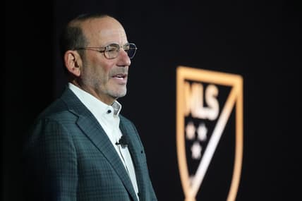Nov 3, 2022; Los Angeles, California, US; MLS Commissioner Don Garber speaks during MLS Cup Media Day at InterContinental Los Angeles Downtown. Mandatory Credit: Kirby Lee-USA TODAY Sports
