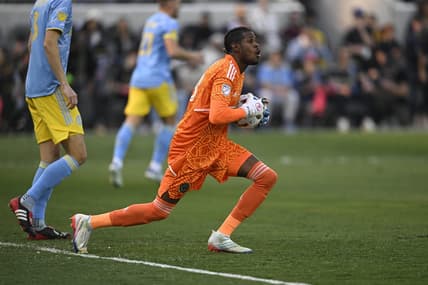 Nov 5, 2022; Los Angeles, California, US; Philadelphia Union goalkeeper Andre Blake (18) makes a save against Los Angeles FC during the first half at Banc of California Stadium. Mandatory Credit: Kelvin Kuo-USA TODAY Sports