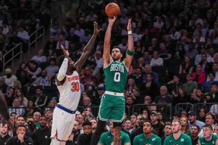 Nov 5, 2022; New York, New York, USA;  Boston Celtics forward Jayson Tatum (0) and New York Knicks forward Julius Randle (30) at Madison Square Garden. Mandatory Credit: Wendell Cruz-USA TODAY Sports