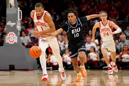 Nov 16, 2022; Columbus, OH, USA;  Ohio State Buckeyes guard Roddy Gayle Jr. (1) steals the ball from Eastern Illinois Panthers guard Kinyon Hodges (10) during the second half of the NCAA men's basketball game at Value City Arena. Ohio State won 65-43. Mandatory Credit: Adam Cairns-The Columbus Dispatch

Basketball Eastern Illinois At Ohio State