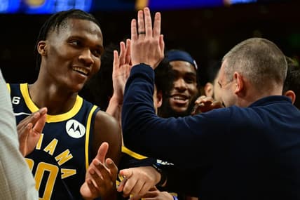 Nov 28, 2022; Los Angeles, California, USA; Indiana Pacers guard Bennedict Mathurin (00) celebrates after the game against the Los Angeles Lakers at Crypto.com Arena. Mandatory Credit: Richard Mackson-USA TODAY Sports