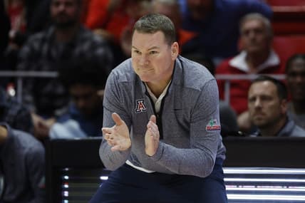 Dec 1, 2022; Salt Lake City, Utah, USA;  Arizona Wildcats head coach Tommy Lloyd tries to get his team into the game against the Utah Utes at Jon M. Huntsman Center. Mandatory Credit: Jeffrey Swinger-USA TODAY Sports