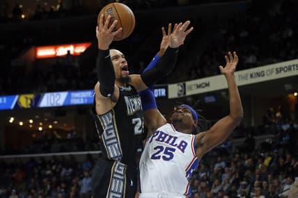 Dec 2, 2022; Memphis, Tennessee, USA; Memphis Grizzlies forward Dillon Brooks (24) drives to the basket as Philadelphia 76ers forward Danuel House Jr. (25) defends during the second half at FedExForum. Mandatory Credit: Petre Thomas-USA TODAY Sports