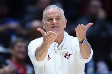 Dec 12, 2022; San Diego, California, USA; San Diego State Aztecs head coach Brian Dutcher gestures during the second half against the Kennesaw State Owls at Viejas Arena. Mandatory Credit: Orlando Ramirez-USA TODAY Sports