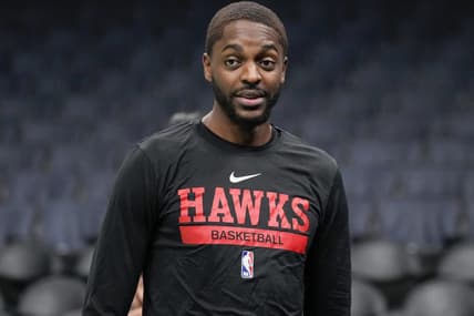 Dec 16, 2022; Charlotte, North Carolina, USA; Atlanta Hawks forward Justin Holiday (8) during pre game warm ups against the Charlotte Hornets at Spectrum Center. Mandatory Credit: Jim Dedmon-USA TODAY Sports