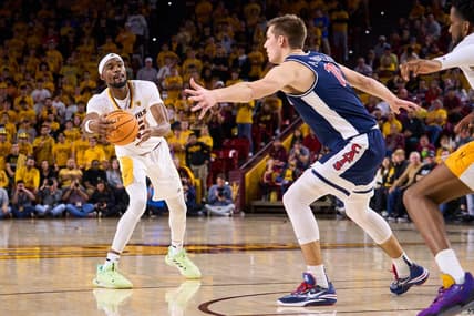 Dec 31, 2022; Tempe, Arizona, USA; Arizona State Sun Devils guard Devan Cambridge (35) looks to pass against Arizona Wildcats forward Azuolas Tubelis (10) at Desert Financial Arena on Saturday, Dec. 31, 2022. Mandatory Credit: Alex Gould/The Republic

Basketball Asu Ua Men Bb Arizona At Arizona State
