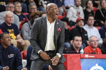 Jan 3, 2023; Queens, New York, USA; St. John's Red Storm head coach Mike Anderson reacts after a call in the first half against the Marquette Golden Eagles at Carnesecca Arena. Mandatory Credit: Wendell Cruz-USA TODAY Sports