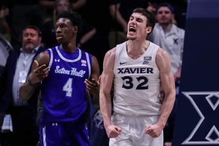 Dec 20, 2022; Cincinnati, Ohio, USA; Xavier Musketeers forward Zach Freemantle (32) reacts after a play against the Seton Hall Pirates in the second half at Cintas Center. Mandatory Credit: Katie Stratman-USA TODAY Sports