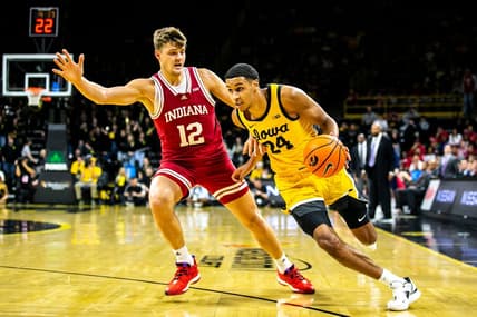 Iowa forward Kris Murray, right, drives to the basket as Indiana forward Miller Kopp defends during a NCAA Big Ten Conference men's basketball game, Thursday, Jan. 5, 2023, at Carver-Hawkeye Arena in Iowa City, Iowa.

230105 Indiana Iowa Mbb 035 Jpg
