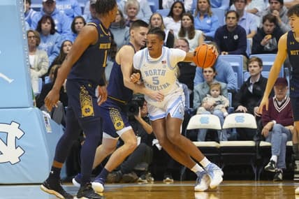 Jan 7, 2023; Chapel Hill, North Carolina, USA;  North Carolina Tar Heels forward Armando Bacot (5) dribbles the ball against Notre Dame Fighting Irish forward Nate Laszewski (14) during the first half at Dean E. Smith Center. Mandatory Credit: James Guillory-USA TODAY Sports