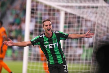 Austin FC midfielder Tom  Pochettino celebrates after the first score of the night against the Houston Dynamo FC during a match at Q2 Stadium in Austin, Texas on August 4, 2021.

Pochettino