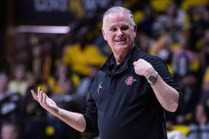 Jan 7, 2023; Laramie, Wyoming, USA; San Diego State Aztecs head coach Brian Dutcher reacts against the Wyoming Cowboys during the second half at Arena-Auditorium. Mandatory Credit: Troy Babbitt-USA TODAY Sports