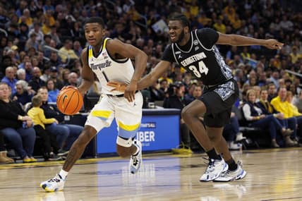 Jan 7, 2023; Milwaukee, Wisconsin, USA;  Marquette Golden Eagles guard Kam Jones (1) during the game against the Georgetown Hoyas at Fiserv Forum. Mandatory Credit: Jeff Hanisch-USA TODAY Sports