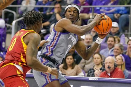 Jan 7, 2023; Fort Worth, Texas, USA; TCU Horned Frogs forward Emanuel Miller (2) during the first half against the Iowa State Cyclones at Ed and Rae Schollmaier Arena. Mandatory Credit: Andrew Dieb-USA TODAY Sports