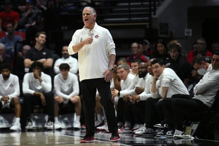 Jan 10, 2023; San Diego, California, USA; San Diego State Aztecs head coach Brian Dutcher reacts from the sideline during the first half against the Nevada Wolf Pack at Viejas Arena. Mandatory Credit: Orlando Ramirez-USA TODAY Sports