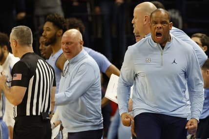 Jan 10, 2023; Charlottesville, Virginia, USA; North Carolina Tar Heels head coach Hubert Davis reacts on the bench against the Virginia Cavaliers in the first half at John Paul Jones Arena. Mandatory Credit: Geoff Burke-USA TODAY Sports