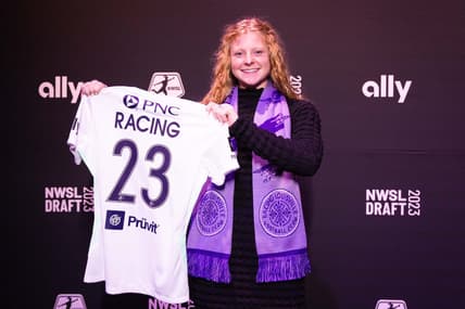 Jan 12, 2023; Philadelphia, Pennsylvania, USA; University of Alabama Riley Mattingly Parker poses for a photo after being selected by Racing Louisville FC during the NWSL Draft at Pennsylvania Convention Center. Mandatory Credit: Bill Streicher-USA TODAY Sports