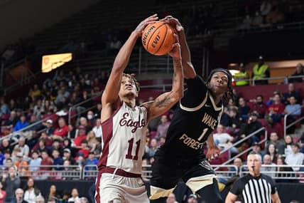 Jan 14, 2023; Chestnut Hill, Massachusetts, USA; Wake Forest Demon Deacons guard Tyree Appleby (1) strips the ball from Boston College Eagles guard Makai Ashton-Langford (11)  during the second half at Conte Forum. Mandatory Credit: Eric Canha-USA TODAY Sports