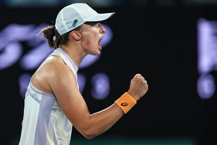 Jan 18, 2023; Melbourne, Victoria, Australia; Iga Swiatek during her second round match against Camila Osorio on day three of the 2023 Australian Open tennis tournament at Melbourne Park. Mandatory Credit: Mike Frey-USA TODAY Sports