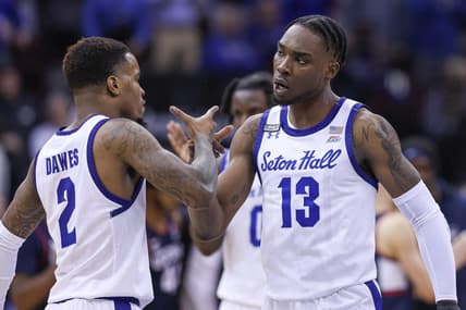 Jan 18, 2023; Newark, New Jersey, USA; Seton Hall Pirates forward KC Ndefo (13) celebrates with Seton Hall Pirates guard Al-Amir Dawes (2) after a basket during the second half against the Connecticut Huskies at Prudential Center. Mandatory Credit: Vincent Carchietta-USA TODAY Sports