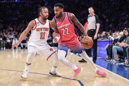 Jan 18, 2023; New York, New York, USA; Washington Wizards guard Monte Morris (22) looks to drive past New York Knicks guard Jalen Brunson (11) in the third quarter at Madison Square Garden. Mandatory Credit: Wendell Cruz-USA TODAY Sports
