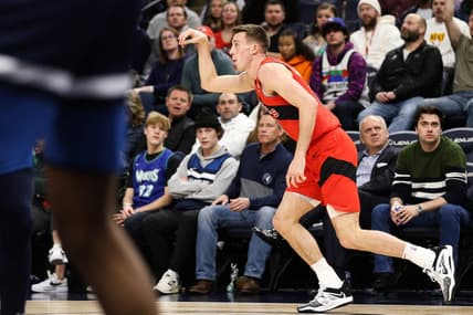 Jan 19, 2023; Minneapolis, Minnesota, USA; Toronto Raptors forward Joe Wieskamp (15) reacts to his shot against the Minnesota Timberwolves during the second quarter at Target Center. Mandatory Credit: Matt Krohn-USA TODAY Sports