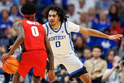 Jan 17, 2023; Lexington, Kentucky, USA; Kentucky Wildcats forward Jacob Toppin guards Georgia Bulldogs guard Terry Roberts (0) during the second half at Rupp Arena at Central Bank Center. Mandatory Credit: Jordan Prather-USA TODAY Sports