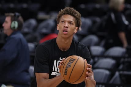 Jan 20, 2023; Salt Lake City, Utah, USA; Brooklyn Nets forward Kessler Edwards (14) warms up prior to a game against the Utah Jazz at Vivint Arena. Mandatory Credit: Rob Gray-USA TODAY Sports