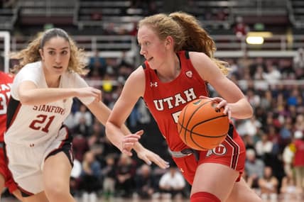 Jan 20, 2023; Stanford, California, USA; Utah Utes guard Gianna Kneepkens (5) dribbles against Stanford Cardinal forward Brooke Demetre (21) during the second quarter at Maples Pavilion. Mandatory Credit: Darren Yamashita-USA TODAY Sports