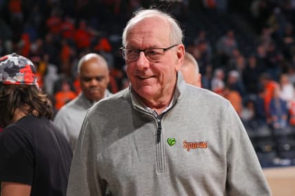 Jan 21, 2023; Atlanta, Georgia, USA; Syracuse Orange head coach Jim Boeheim after a victory against the Georgia Tech Yellow Jackets at McCamish Pavilion. Mandatory Credit: Brett Davis-USA TODAY Sports
