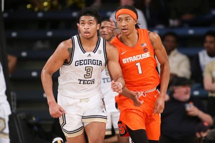 Jan 21, 2023; Atlanta, Georgia, USA; Georgia Tech Yellow Jackets guard Dallan Coleman (3) and Syracuse Orange forward Maliq Brown (1) in the second half at McCamish Pavilion. Mandatory Credit: Brett Davis-USA TODAY Sports