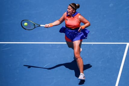 Jan 22, 2023; Melbourne, VICTORIA, Australia; Jelena Ostapenko from Latvia during her fourth round match against Coco Gauff from the United States on day seven of the 2023 Australian Open tennis tournament at Melbourne Park. Mandatory Credit: Mike Frey-USA TODAY Sports