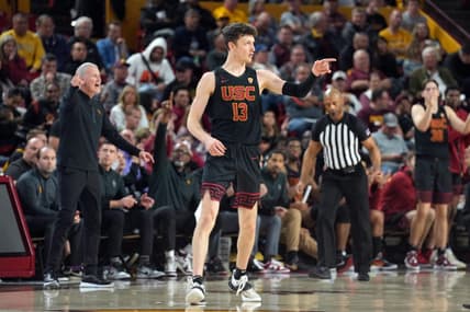 Jan 21, 2023; Tempe, Arizona, USA; USC Trojans guard Drew Peterson (13) reacts after making a three point basket against the Arizona State Sun Devils during the second half at Desert Financial Arena. Mandatory Credit: Joe Camporeale-USA TODAY Sports