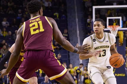 Jan 22, 2023; Ann Arbor, Michigan, USA;  Michigan Wolverines guard Jett Howard (13) dribbles defended by Minnesota Golden Gophers forward Pharrel Payne (21) in the first half at Crisler Center. Mandatory Credit: Rick Osentoski-USA TODAY Sports