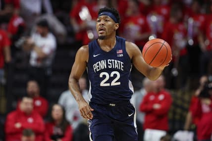 Jan 24, 2023; Piscataway, New Jersey, USA; Penn State Nittany Lions guard Jalen Pickett (22) dribbles up court  during the first half against the Rutgers Scarlet Knights at Jersey Mike's Arena. Mandatory Credit: Vincent Carchietta-USA TODAY Sports
