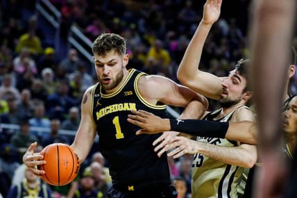 Michigan center Hunter Dickinson (1) dribbles against Purdue guard Ethan Morton (25) during the first half at Crisler Center in Ann Arbor on Thursday, Jan. 26, 2023.