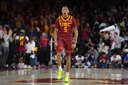 Jan 26, 2023; Los Angeles, California, USA; Southern California Trojans guard Boogie Ellis (5) celebrates in the second half against the UCLA Bruins at Galen Center. Mandatory Credit: Kirby Lee-USA TODAY Sports