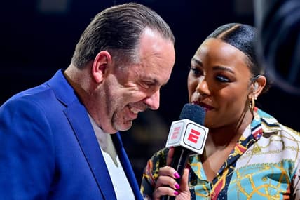 Jan 28, 2023; South Bend, Indiana, USA; Notre Dame Fighting Irish head coach Mike Brey is interviewed before a game against the Louisville Cardinals at the Purcell Pavilion. Mandatory Credit: Matt Cashore-USA TODAY Sports
