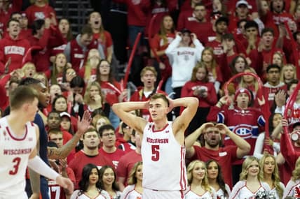 Jan 28, 2023; Madison, Wisconsin, USA;  Wisconsin Badgers forward Tyler Wahl (5) reacts to a foul call during the second half against the Illinois Fighting Illini at the Kohl Center. Mandatory Credit: Kayla Wolf-USA TODAY Sports