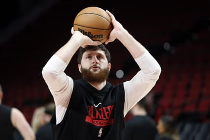 Jan 28, 2023; Portland, Oregon, USA; Portland Trail Blazers center Jusuf Nurkic (27) warms up prior to a game against the Toronto Raptors at Moda Center. Mandatory Credit: Soobum Im-USA TODAY Sports