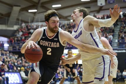 Jan 28, 2023; Portland, Oregon, USA; Gonzaga Bulldogs forward Drew Timme (2) drives to the basket against Portland Pilots forward Moses Wood (1) during the second half at Chiles Center. Mandatory Credit: Troy Wayrynen-USA TODAY Sports
