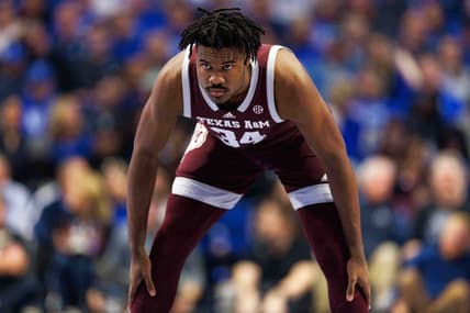Jan 21, 2023; Lexington, Kentucky, USA; Texas A&M Aggies forward Julius Marble (34) looks on before the game against the Kentucky Wildcats at Rupp Arena at Central Bank Center. Mandatory Credit: Jordan Prather-USA TODAY Sports