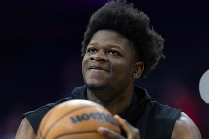 Feb 1, 2023; Philadelphia, Pennsylvania, USA; Orlando Magic center Mo Bamba warms up before action against the Philadelphia 76ers at Wells Fargo Center. Mandatory Credit: Bill Streicher-USA TODAY Sports